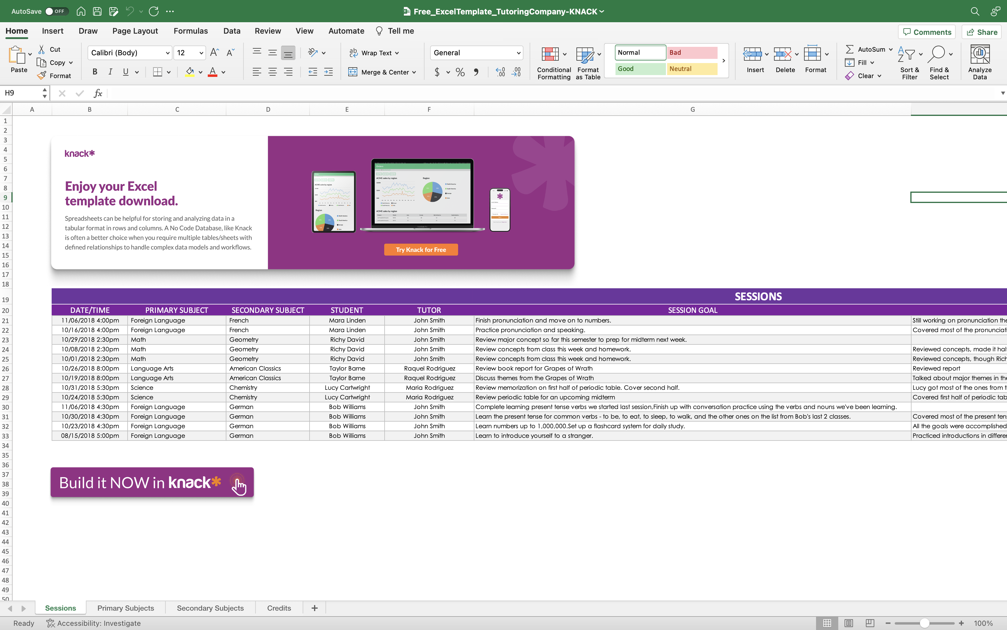 free tutoring company spreadsheet template