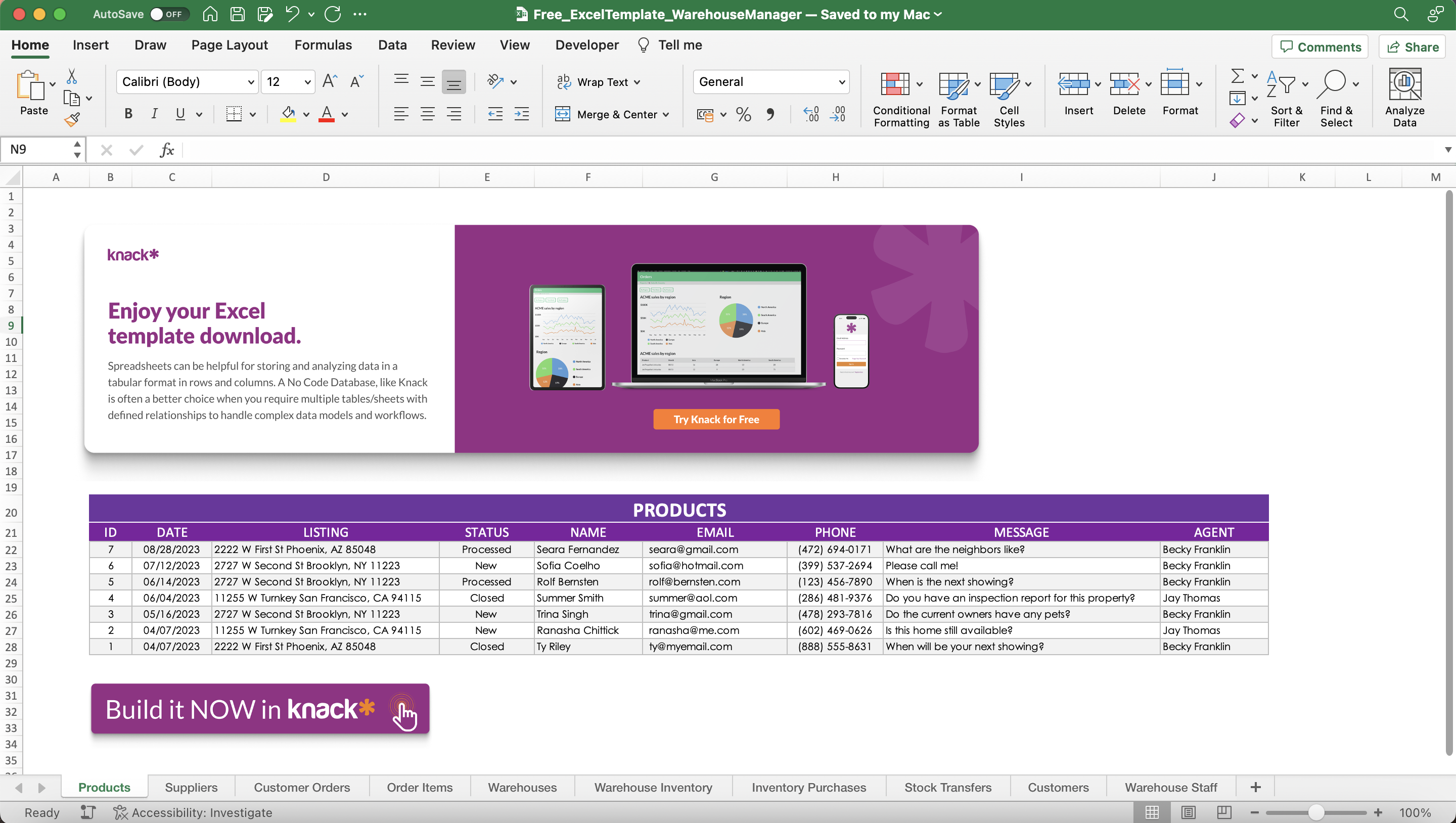 Microsoft Excel Spreadsheet for Warehouse Management