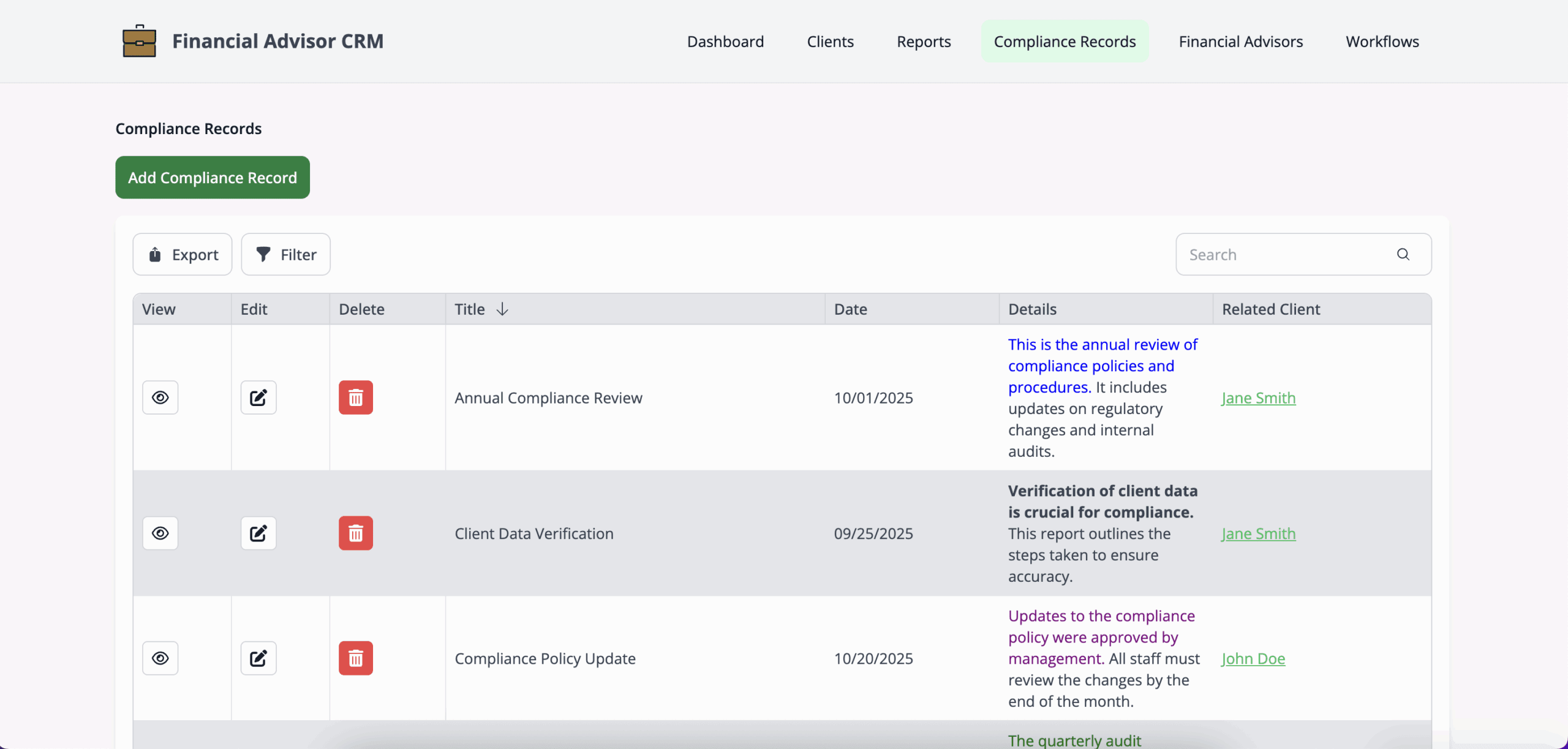 screenshot of a compliance record dashboard with in a CRM for financial advisors