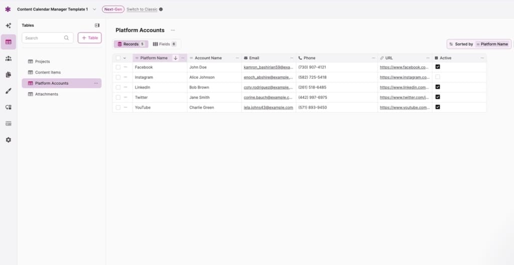 Screenshot - Marketing Content Calendar Template AI App - Channels