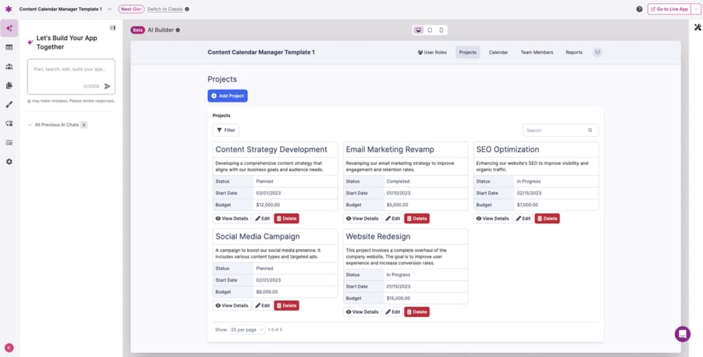 Screenshot - Marketing Content Calendar Template AI App - Projects